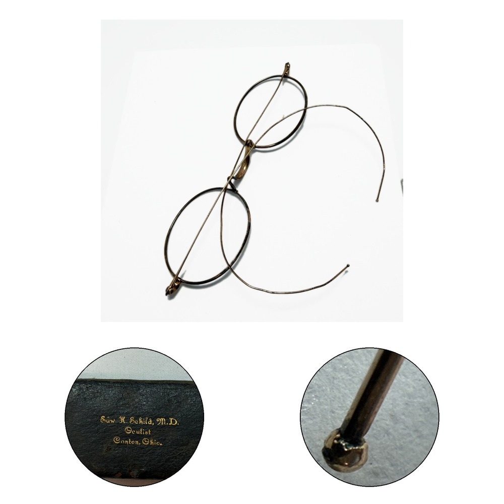 Antique c1910 Wire Rim Eyeglasses Dr Edward H Schild Canton Ohio Case Gold Tone